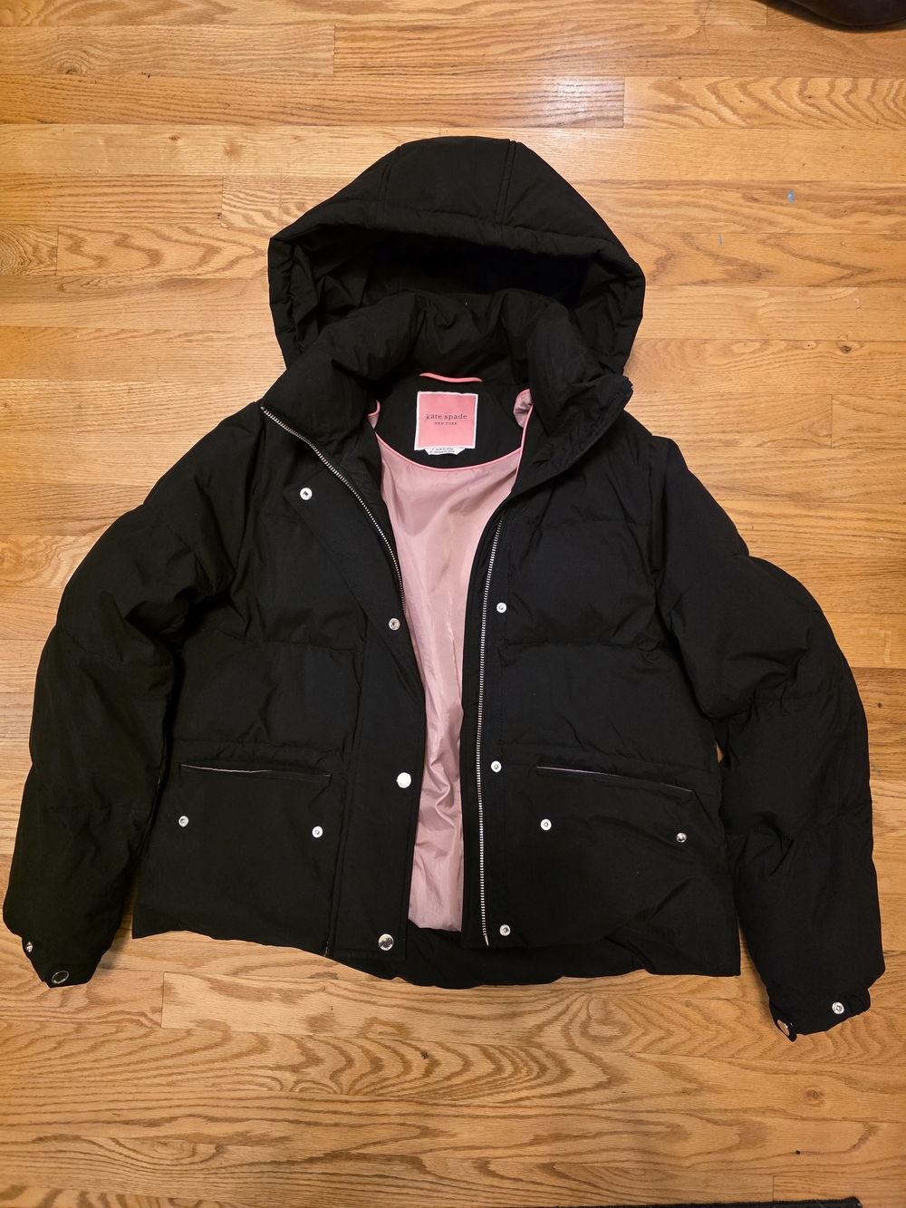kate spade Black Hooded Puffer Jacket with Pink Lining